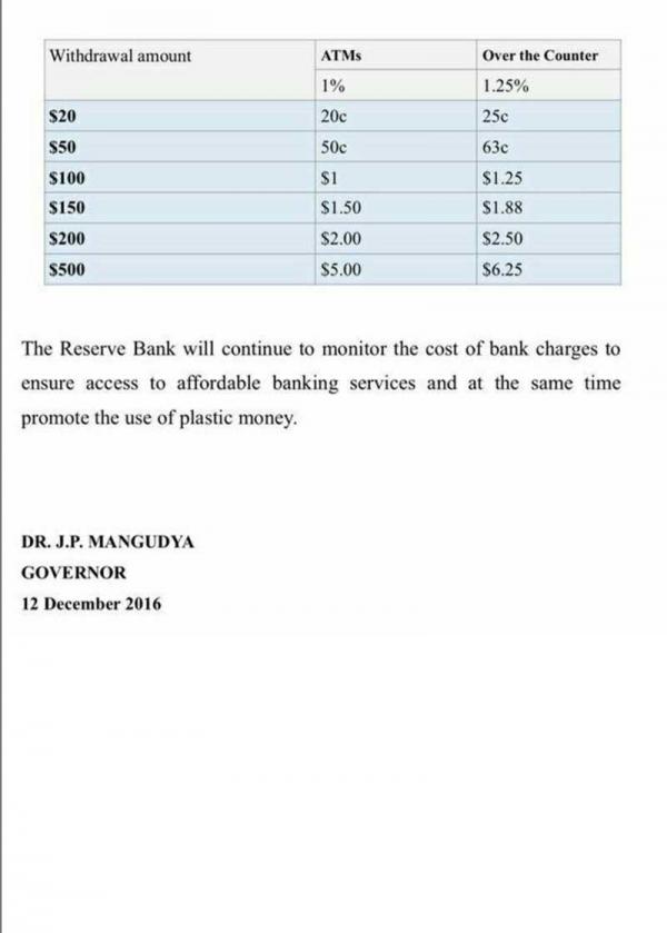 Here is the RBZ statement on Bank Charges Techzim