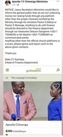 Scammers Set Up $20K GoFundMe Campaign For Apostle Chiwenga - Techzim